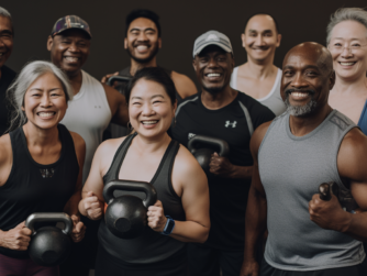 A group of people of many different ethnicities work out with kettle bells.