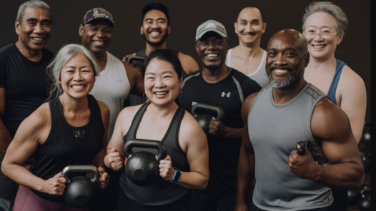 A group of people of many different ethnicities work out with kettle bells.